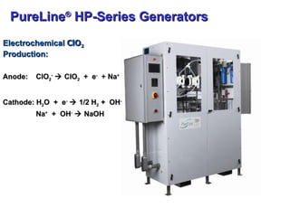 PureLine ®  HP-Series Generators Electrochemical  ClO 2  Production: Anode:  ClO 2 -     ClO 2   +  e -   + Na + Cathode: H 2 O  +  e -     1/2 H 2  +  OH -   Na +   +  OH -     NaOH 