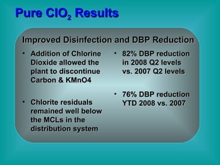 Pure ClO 2  Results  Improved Disinfection and DBP Reduction Addition of Chlorine Dioxide allowed the plant to discontinue Carbon & KMnO4 Chlorite residuals remained well below the MCLs in the distribution system 82% DBP reduction in 2008 Q2 levels vs. 2007 Q2 levels 76% DBP reduction YTD 2008 vs. 2007 