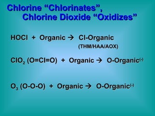 Chlorine “Chlorinates”, Chlorine Dioxide “Oxidizes” HOCl  +  Organic     Cl-Organic    (THM/HAA/AOX) ClO 2  (O=Cl=O)  +  Organic     O-Organic (-) O 3  (O-O-O)  +  Organic     O-Organic (-) 