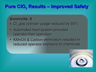 Pure ClO 2  Results – Improved Safety   Greenville, Il Cl 2  gas cylinder usage reduced by 50% Automated feed system provided operator-free operation KMnO4 & Carbon elimination resulted in reduced operator exposure to chemicals  