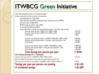 ITWBCG  Green  Initiative How does being green give us a competitive edge? Reduce expenses to both company and employees 52 people figured in total miles 1847 miles per day (MPD) / Average of 35.5 miles per person ( AMPD) 254 work days in 2008 (WD) $4.00 average per gallon of gas (APG) 21 average fuel efficiency (MPG) 4 day work week = (4) 10 hour days, (4) 8 hour days + (1) 8 hour day at home Cost per week (5) day = ((MPD x 5) / MPG) x APG = $1,759 Cost per week (4) day = ((MPD x 4) / MPG) x APG = $1,407 Cost Savings = $351 Cost per month (5) day weeks = (((MPD x (WD/12)) / MPG) x APG  = $7,446 Cost per month (4) day weeks = Cost per month (5)weeks  x 0.8 = $5,957 Cost Savings = $1,489 Cost per year (5) day weeks = ((MPD x WD)/MPG) x APG = $89,359 Cost per year (4) day weeks = Cost per year (5)weeks  x 0.8 = $71,487 Cost Savings = $17,871 Cost Savings per person per year = $344 Car Pooling (Groups of 3 - 4 people): Cost per year per person = ((AMPD x WD) / MPG) x APG = $1,717 By car pooling the assumption was made we would reduce cost by 2/3.  Cost per year per person car pooling = (((AMPD x WD) / MPG) x APG) / 5 = $572 Savings per year per person car pooling  = $1,145 A combined savings = $1,489 