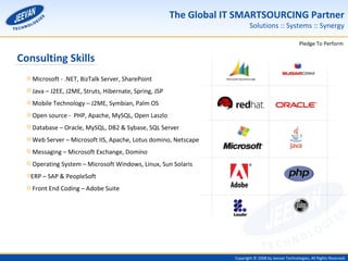 Consulting Skills Microsoft - .NET, BizTalk Server, SharePoint Java – J2EE, J2ME, Struts, Hibernate, Spring, JSP Mobile Technology – J2ME, Symbian, Palm OS Open source -  PHP, Apache, MySQL, Open Laszlo Database – Oracle, MySQL, DB2 & Sybase, SQL Server Web Server – Microsoft IIS, Apache, Lotus domino, Netscape Messaging – Microsoft Exchange, Domino Operating System – Microsoft Windows, Linux, Sun Solaris  ERP – SAP & PeopleSoft Front End Coding – Adobe Suite 