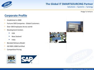 Established in 2000 Fortune 500 Companies - Global Customers  Over 500 Employees Across world Development Centers USA New Zealand India Blended Delivery Model ISO 9001:2000 Certified Competitive Pricing Corporate Profile 