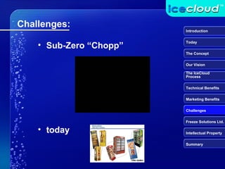Sub-Zero “Chopp” today Challenges: Introduction Today The Concept Our Vision The IceCloud  Process Technical Benefits Marketing Benefits Challenges Freeze Solutions Ltd. Intellectual Property Summary 
