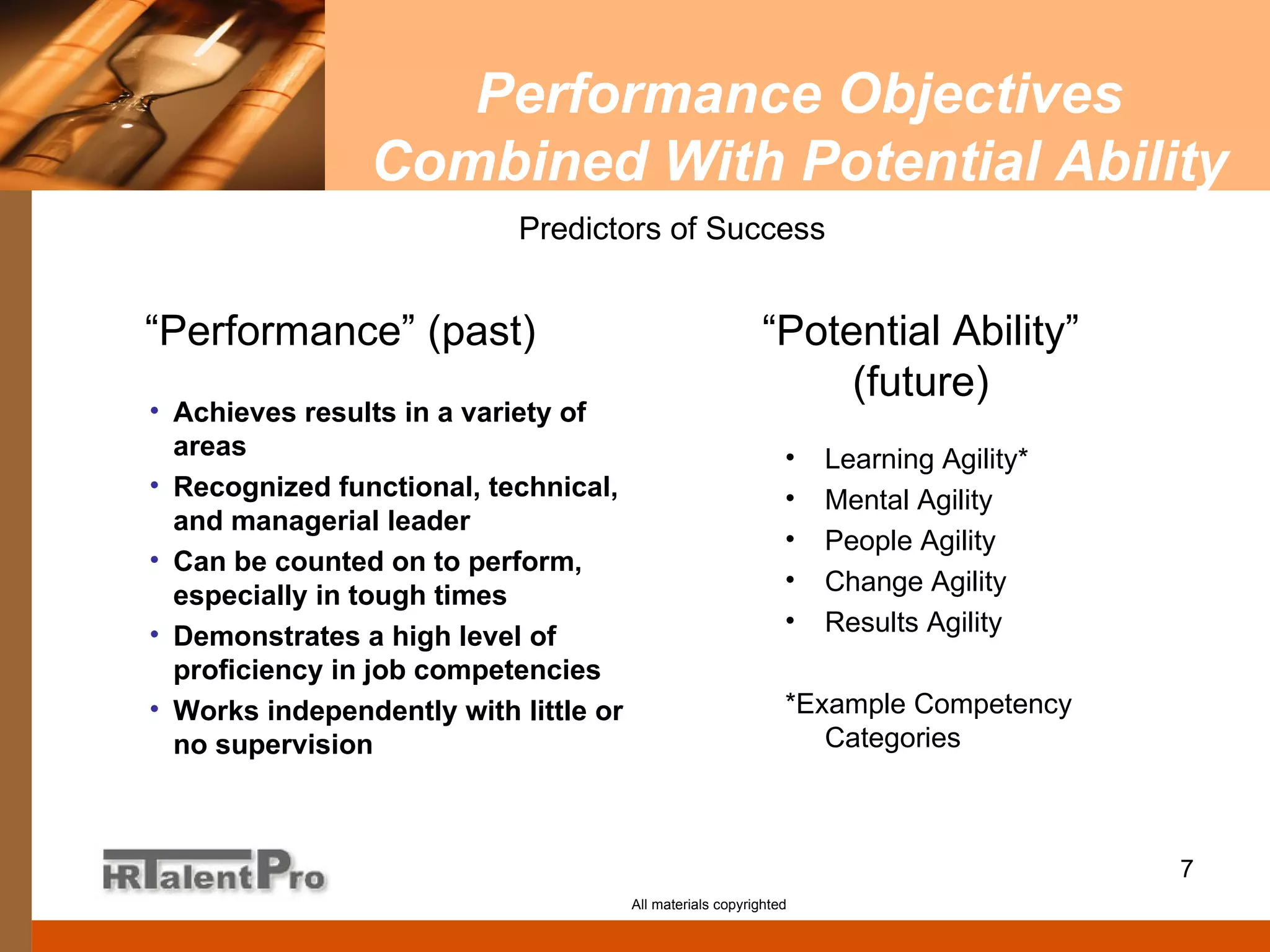 Performance Objectives Combined With Potential Ability Achieves results in a variety of areas Recognized functional, technical, and managerial leader Can be counted on to perform, especially in tough times Demonstrates a high level of proficiency in job competencies  Works independently with little or no supervision All materials copyrighted “ Performance” (past) “ Potential Ability” (future) Learning Agility* Mental Agility People Agility Change Agility Results Agility *Example Competency Categories Predictors of Success 
