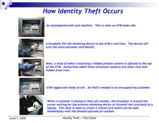 How Identity Theft Occurs An untampered-with cash machine.  This is what an ATM looks like A fraudster fits the skimming device to the ATM’s card slot.  The device will scan the store personal card details. Next, a strip of metal containing a hidden pinhole camera is affixed to the top of the ATM.  Authorities admit these miniature cameras are often very well hidden from view. ATM rigged and ready to roll.  All that’s needed is an un-suspecting customer. While a customer is keying in their pin number, the fraudster is around the corner waiting for the wireless skimming device to transmit the card data to a laptop.  This data is used to create a cloned card which can be used immediately with the filmed/captured pin number. 