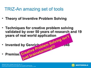TRIZ-An amazing set of tools Theory of Inventive Problem Solving Techniques for creative problem solving validated by over 50 years of research and 19 years of real world application Invented by Genrich Altshuller in 1946 Premise: Creative Problem Solving isn’t just brainstorming!!! 