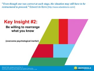 “ Even though one was correct at each stage, the situation may still have to be restructured to proceed.”  Edward de Bono [ http://www.edwdebono.com/] contradictions Key Insight #2: Be willing to rearrange what you know (overcome psychological inertia!) 