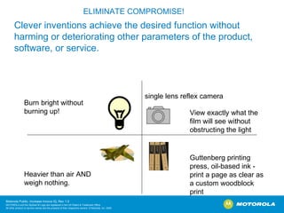 Clever inventions achieve the desired function without harming or deteriorating other parameters of the product, software, or service.  Burn bright without burning up! View exactly what the film will see without obstructing the light Heavier than air AND weigh nothing. Guttenberg printing press, oil-based ink - print a page as clear as a custom woodblock print single lens reflex camera ELIMINATE COMPROMISE! 