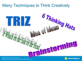 Many Techniques to Think Creatively TRIZ Brainstorming 6 Thinking Hats A Whack on the Side of the Head Idea of Ideas 