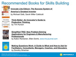 Recommended Books for Skills Building Innovate Like Edison: The Success System of  America’s Greatest Inventor   by Michael Gelb, Sarah Miller Caldicott Think Better: An Innovator's Guide to  Productive Thinking  by Tim Hurson Simplified TRiZ: New Problem-Solving Applications for Engineers & Manufacturing Professionals by Kalevi Rantanen, Ellen Domb,  www.triz-journal.com Making Questions Work: A Guide to What and How to Ask for Facilitators, Consultants, Managers, Coaches, and Educators  by Dorothy Strachan 