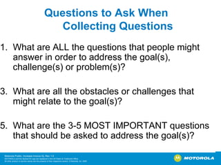 Questions to Ask When Collecting Questions What are ALL the questions that people might answer in order to address the goal(s), challenge(s) or problem(s)? What are all the obstacles or challenges that might relate to the goal(s)? What are the 3-5 MOST IMPORTANT questions that should be asked to address the goal(s)? 