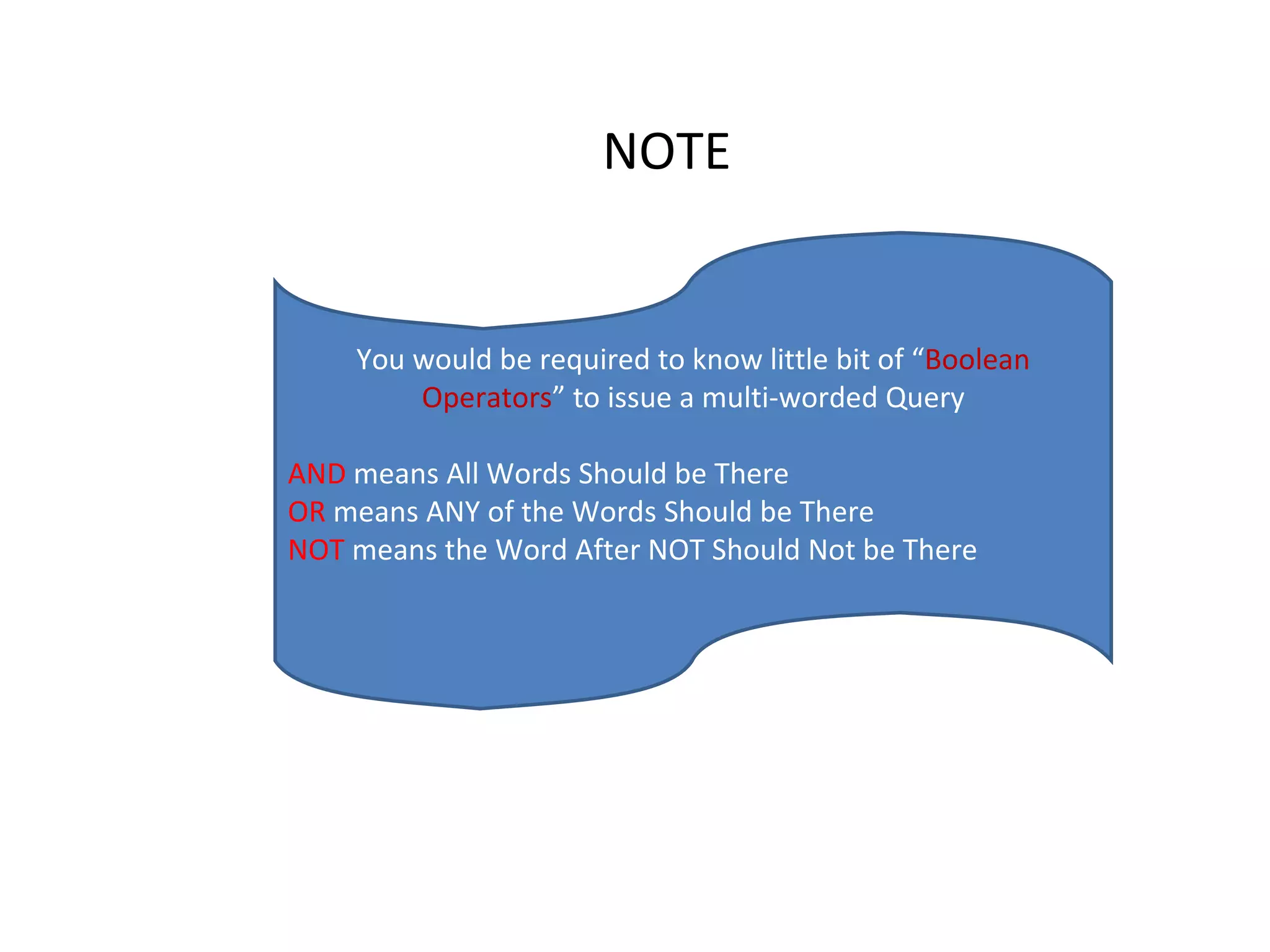 You would be required to know little bit of “ Boolean Operators ” to issue a multi-worded Query AND  means All Words Should be There OR  means ANY of the Words Should be There NOT  means the Word After NOT Should Not be There NOTE 