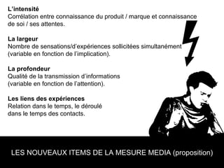 LES NOUVEAUX ITEMS DE LA MESURE MEDIA (proposition) L’intensité  Corrélation entre connaissance du produit / marque et connaissance  de soi / ses attentes.  La largeur  Nombre de sensations/d’expériences sollicitées simultanément  (variable en fonction de l’implication). La profondeur  Qualité de la transmission d’informations  (variable en fonction de l’attention). Les liens des expériences  Relation dans le temps, le déroulé  dans le temps des contacts. 