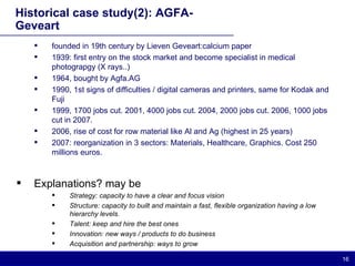 Historical case study(2): AGFA-Geveart founded in 19th century by Lieven Geveart:calcium paper 1939: first entry on the stock market and become specialist in medical photograpgy (X rays..) 1964, bought by Agfa.AG 1990, 1st signs of difficulties / digital cameras and printers, same for Kodak and Fuji 1999, 1700 jobs cut. 2001, 4000 jobs cut. 2004, 2000 jobs cut. 2006, 1000 jobs cut in 2007. 2006, rise of cost for row material like Al and Ag (highest in 25 years) 2007: reorganization in 3 sectors: Materials, Healthcare, Graphics. Cost 250 millions euros. Explanations? may be Strategy: capacity to have a clear and focus vision Structure: capacity to built and maintain a fast, flexible organization having a low hierarchy levels. Talent: keep and hire the best ones Innovation: new ways / products to do business Acquisition and partnership: ways to grow 