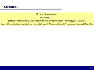 Contacts Dr Lagref Jean-Jacques,  [email_address] graduated from University Louis Pasteur (Fr) and  Swiss Institute of Technology EPF Lausanne Worked in multinational innovative environments (Novartis Pharma, Arkema.SA, Huntsman Advanced Materials) 