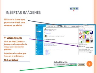 INSERTAR IMÁGENES Click en el icono que parece un árbol, una ventana se abrirá  En  Upload New File Click en PARCOURIR y buscar en el ordenador la imagen que deseamos publicar.  Guardará el nombre que tenía en el ordenador.  Click en Upload 