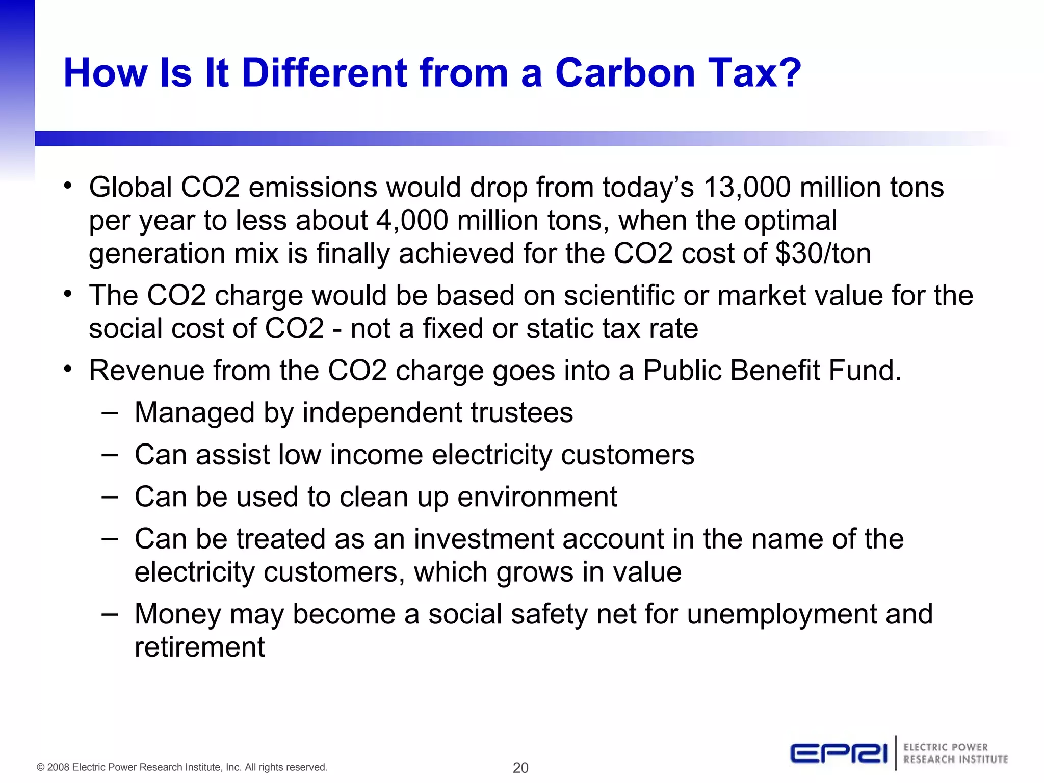 How Is It Different from a Carbon Tax? Global CO2 emissions would drop from today’s 13,000 million tons per year to less about 4,000 million tons, when the optimal generation mix is finally achieved for the CO2 cost of $30/ton The CO2 charge would be based on scientific or market value for the social cost of CO2 - not a fixed or static tax  rate Revenue from the CO2 charge goes into a Public Benefit Fund.  Managed by independent trustees Can assist low income electricity customers Can be used to clean up environment Can be treated as an investment account in the name of the electricity customers, which grows in value Money may become a social safety net for unemployment and retirement 