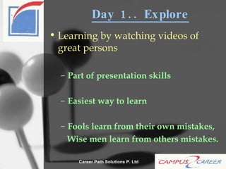 Day 1.. Explore Learning by watching videos of great persons Part of presentation skills Easiest way to learn Fools learn from their own mistakes, Wise men learn from others mistakes. 