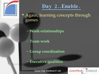 Day 2…Enable. Again, learning concepts through games Work-relationships Team work Group coordination Executive qualities 