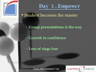 Day 3…Empower Student becomes the master Group presentations is the way Growth in confidence Loss of stage fear 