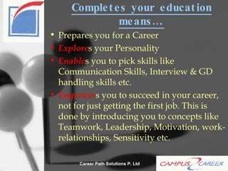Completes your education means…. Prepares you for a Career Explore s your Personality Enable s you to pick skills like Communication Skills, Interview & GD handling skills etc. Empower s you to succeed in your career, not for just getting the first job. This is done by introducing you to concepts like Teamwork, Leadership, Motivation, work-relationships, Sensitivity etc. 