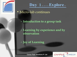 Day 1....Explore. Micro-lab continues Introduction to a group task Learning by experience and by observation Joy of Learning 