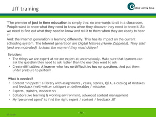 JIT training Solution: The things we are expert at we are expert at unconsciously. Make sure that learners can ask the question they need to ask rather than the one they want to ask Create difficulties:  A learner who has no difficulties has no questions.  And put them under pressure to perform What is needed? Content ‘snippets’: a library with assignments , cases, stories, Q&A, a catalog of mistakes and feedback (well written critique) on deliverables / mistakes  Experts, trainers, moderators Collaborative learning & working environment, advanced content management My ‘personnel agent’ to find the right expert / content / feedback JIT 07-06-09 “ The premise of  just in time education  is simply this: no one wants to sit in a classroom. People want to know what they need to know when they discover they need to know it. So, we need to find out what they need to know and tell it to them when they are ready to hear it” And: the Internet generation is learning differently. This has its impact on the current schooling system. The Internet generation are  Digital Natives (Home Zappiens). They start (and are motivated)  to learn the moment they must deliver! 