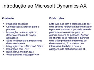 Introdução ao Microsoft Dynamics AX Conteúdo   Principais conceitos Certificações Microsoft para o produto Instalação, customização e desenvolvimento de novas aplicações Suas ferramentas e ambiente de desenvolvimento Integração com o Microsoft Office Integração com .NET BusinessConnector .NET Visão geral da linguagem X++ Publico alvo Este livro não tem a pretensão de ser uma obra de referência absoluta sobre o produto, mas sim a porta de entrada para este novo mundo, para um grande número de pessoas. Apesar de abordar seus recursos a partir de uma visão predominantemente do desenvolvedor, é uma obra que interessará também a outras categorias de profissionais de TI. 
