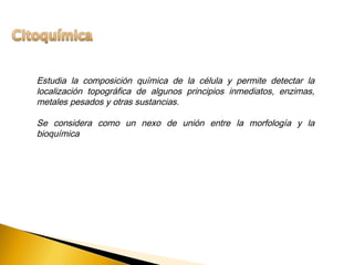 Estudia la composición química de la célula y permite detectar la
localización topográfica de algunos principios inmediatos, enzimas,
metales pesados y otras sustancias.
Se considera como un nexo de unión entre la morfología y la
bioquímica
 