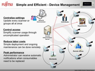 Centralize settings Update every scanner or groups all at once Control access Simplify scanner usage through uncomplicated operation Reduce labor costs Simple deployment and ongoing maintenance can be done remotely Peak performance Administrator can receive automatic notifications when consumables need to be replaced Simple and Efficient - Device Management Worldwide Remote offices Departments Individuals 