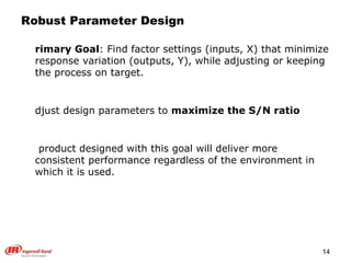 Robust Parameter Design Primary Goal : Find factor settings (inputs, X) that minimize response variation (outputs, Y), while adjusting or keeping the process on target. Adjust design parameters to  maximize the S/N ratio A product designed with this goal will deliver more consistent performance regardless of the environment in which it is used. 