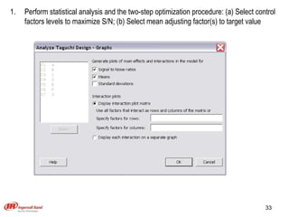 Perform statistical analysis and the two-step optimization procedure: (a) Select control factors levels to maximize S/N; (b) Select mean adjusting factor(s) to target value 