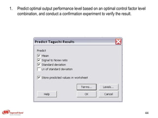 Predict optimal output performance level based on an optimal control factor level combination, and conduct a confirmation experiment to verify the result. 