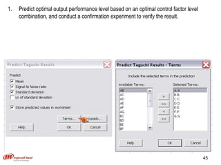 Predict optimal output performance level based on an optimal control factor level combination, and conduct a confirmation experiment to verify the result. 