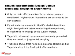 Taguchi Experimental Design Versus Traditional Design of Experiments Only the main effects and two factor interactions are considered.  Higher-order interactions are assumed to be non-existent. Experimenters are asked to identify which interactions might be significant before conducting the experiment, through their knowledge of the subject matter. Taguchi’s orthogonal arrays are not randomly generated; they are based on judgmental sampling. Traditional DOE’s treat noise as a nuisance (blocking), but Taguchi makes it the focal point of his analysis. 
