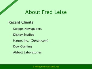 About Fred Leise ,[object Object],[object Object],[object Object],[object Object],[object Object],[object Object]