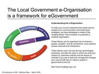 The Local Government e-Organisation is a framework for eGovernment Understanding the e-Organisation To help your council understand the whole picture, analyse your current position and build future strategies, we have developed a model of the ‘building blocks’ that comprise a successful e-enabled organisation. These blocks can be organised into six themes – people, enablers, trust & connections, core systems, access channels and interactions. These blocks cover not only the key technologies necessary, but also the ways in which you and your citizens or customers interact and the issues to consider if you are to lead and manage the changes your council will have to make to exploit e-government to the full. http://www.localegov.gov.uk/  