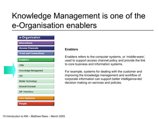 Knowledge Management is one of the e-Organisation enablers Enablers Enablers refers to the computer systems, or ‘middle-ware’, used to support access channel policy and provide the link to core business and information systems. For example, systems for dealing with the customer and improving the knowledge management and workflow of corporate information can support better intelligence-led decision making on services and policies. 