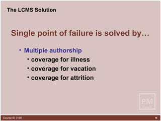 The LCMS Solution Single point of failure is solved by… Multiple   authorship coverage for illness coverage for vacation coverage for attrition 