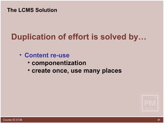 The LCMS Solution Duplication of effort is solved by… Content re-use componentization create once, use many places 