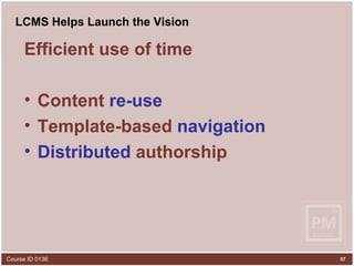 LCMS Helps Launch the Vision Efficient use of time Content  re-use Template-based  navigation Distributed  authorship 