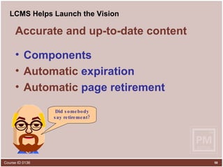 LCMS Helps Launch the Vision Accurate and up-to-date content Components Automatic  expiration Automatic  page retirement Did somebody say retirement? 