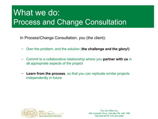 What we do:  Process and Change Consultation In Process/Change Consultation, you (the client): Own the problem, and the solution ( the challenge and the glory!) Commit to a collaborative relationship where you  partner with us  in all appropriate aspects of the project Learn from the process , so that you can replicate similar projects  independently in future The Clic Effect Inc. 494 Jeanette Drive, Oakville ON, L6K 1M8 905-844-6575/ 416-354-2089 