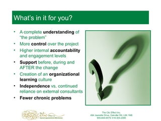 What’s in it for you? A complete  understanding  of “the problem” More  control  over the project Higher internal  accountability  and engagement levels Support  before, during and AFTER the change Creation of an  organizational learning  culture Independence  vs. continued reliance on external consultants Fewer chronic problems The Clic Effect Inc. 494 Jeanette Drive, Oakville ON, L6K 1M8 905-844-6575/ 416-354-2089 