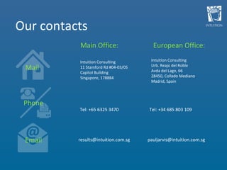 Our contacts Intuition Consulting 11 Stamford Rd #04-03/05 Capitol Building Singapore, 178884 Tel: +65 6325 3470 [email_address] Mail Intuition Consulting Urb. Reajo del Roble Avda del Lago, 66 28450, Collado Mediano Madrid, Spain Phone Tel: +34 685 803 109 Email [email_address] Main Office: European Office: 