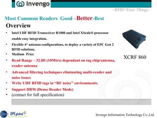 Overview  Intel UHF RFID Transceiver R1000 and Intel XScale® processor enable easy integration .  Flexible 4* antenna configurations, to deploy a variety of EPC Gen 2 RFID solutions.  Medium  Price Read Range – 32.8ft (10Mtrs) dependant on tag chip/antenna, reader antenna Advanced filtering techniques eliminating multi-reader and noise issues  Write UHF RFID tags in “RF noisy” environments.  Support DRM (Dense Reader Mode)  (contact for full specification) Most Common Readers  Good – Better -Best XCRF 860 