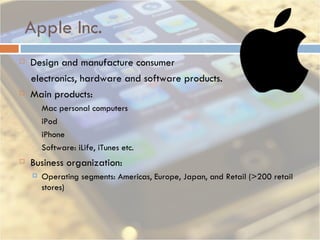 Apple Inc. Design and manufacture consumer  electronics, hardware and software products.  Main products:  Mac personal computers iPod iPhone Software: iLife, iTunes etc.  Business organization: Operating segments: Americas, Europe, Japan, and Retail (>200 retail stores)  
