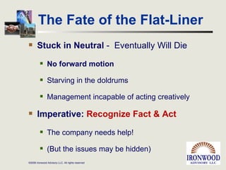 The Fate of the Flat-Liner   Stuck in Neutral  -  Eventually Will Die No forward motion Starving in the doldrums Management incapable of acting creatively Imperative:  Recognize Fact & Act The company needs help! (But the issues may be hidden) 