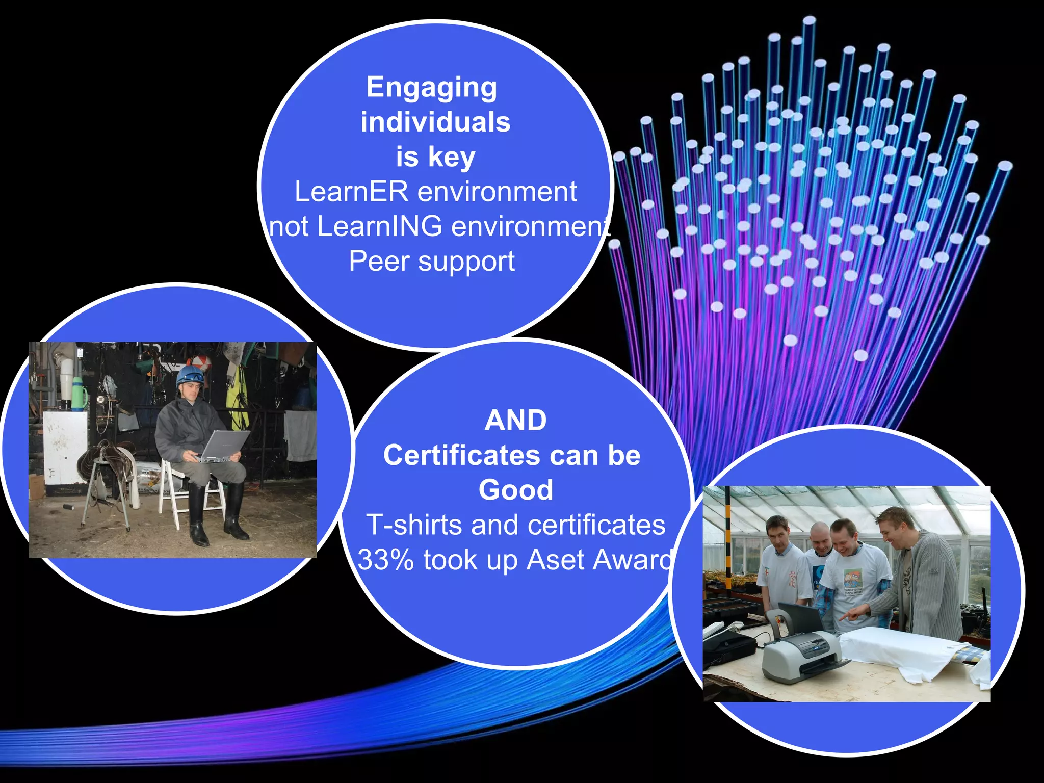 Engaging  individuals is key LearnER environment not LearnING environment Peer support   AND Certificates can be  Good T-shirts and certificates 33% took up Aset Award 